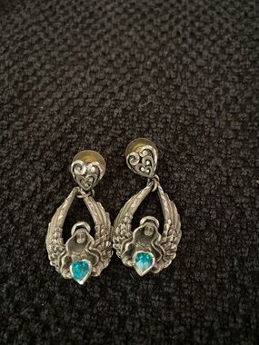 Silver Angel Wing Drop Earrings with Blue Heart Gem
